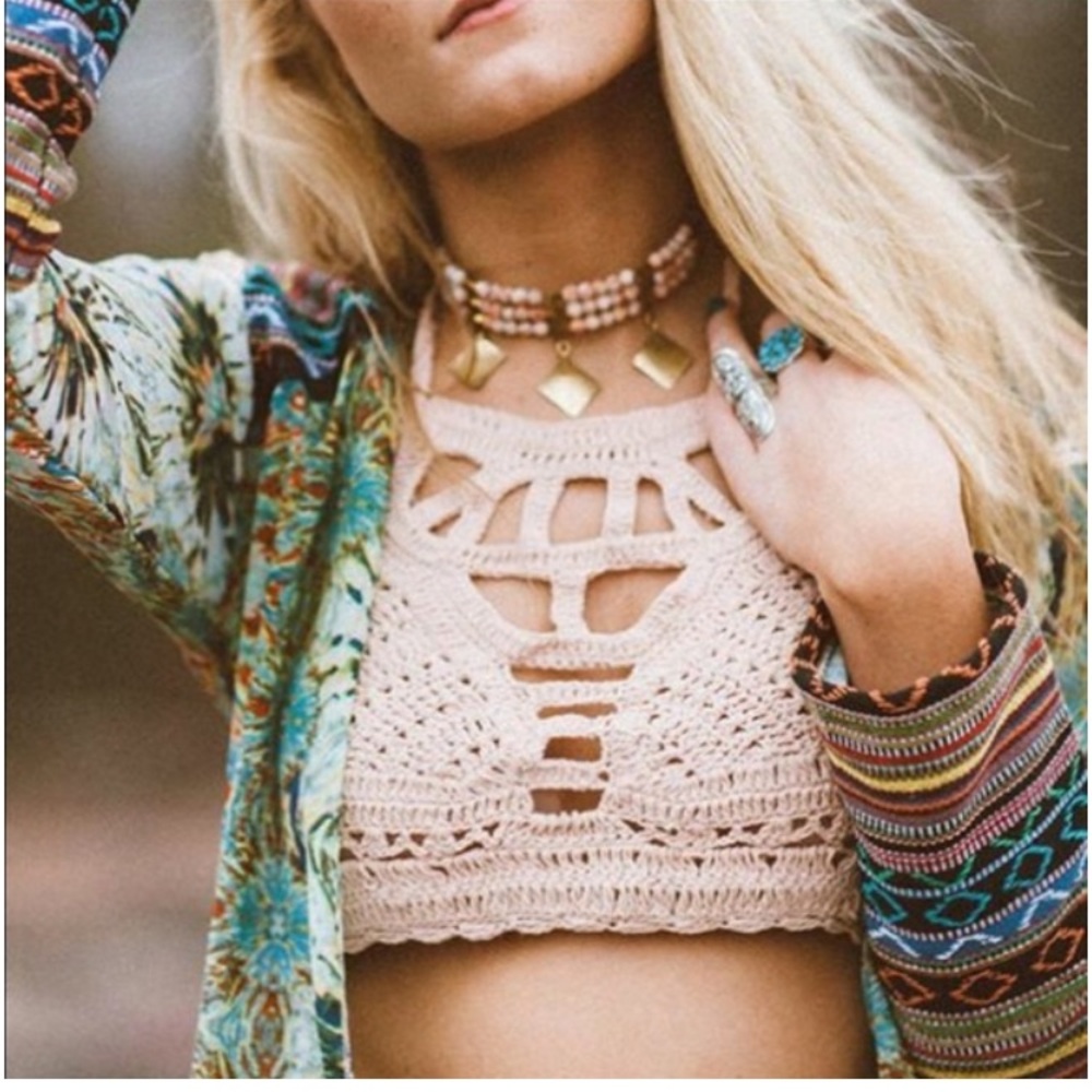 Cleobella Free People Cutout Ivory Festival crochet Crop halter top XS/S